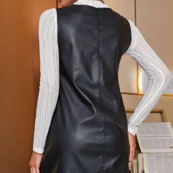 Black Preppy Womens Solid PU Leather Dress - Picture 2 of 6
